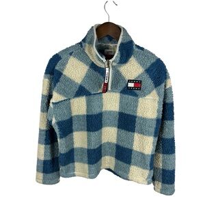 Tommy Jeans Blue Checker Sherpa 1/4 Zip Fleece Pullover Medium